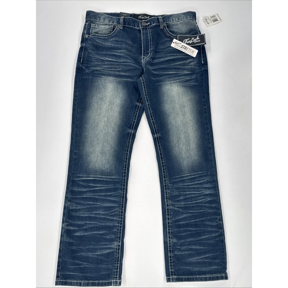 True Luck Jeans Mens 34x30 Blue Denim Bootcut Stretch Embroidered Whiskering